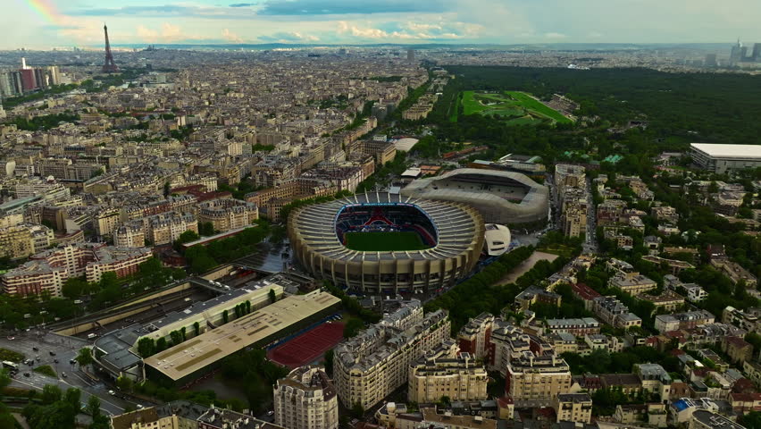 Paris, France - 25.07.2025: Panoramic view of Paris. Aerial view of stadiums Le Parc des Princes and Stade Jean-Bouin in Paris