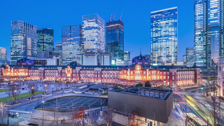 Tokyo Station night view from the observation deck - Japan - Time lapse video - zoom in