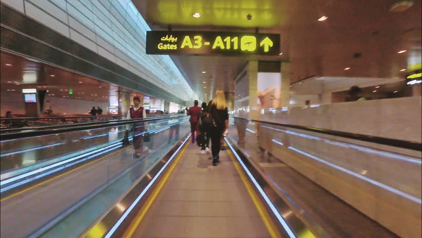 Hyperlapse fast motion moving through airport POV rush being late flight concept. International flight travel tourism trip abroad departure procedures Check in. Luxury airport infrastructure concept