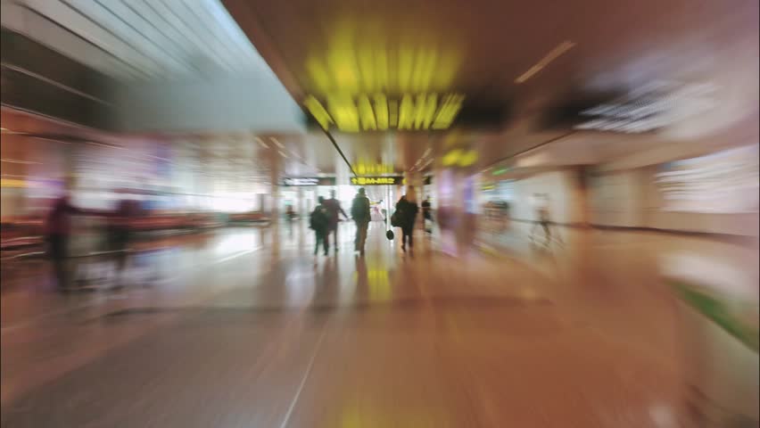 Hyperlapse fast motion moving through airport POV rush being late flight concept. International flight travel tourism trip abroad departure procedures Check in. Luxury airport infrastructure concept
