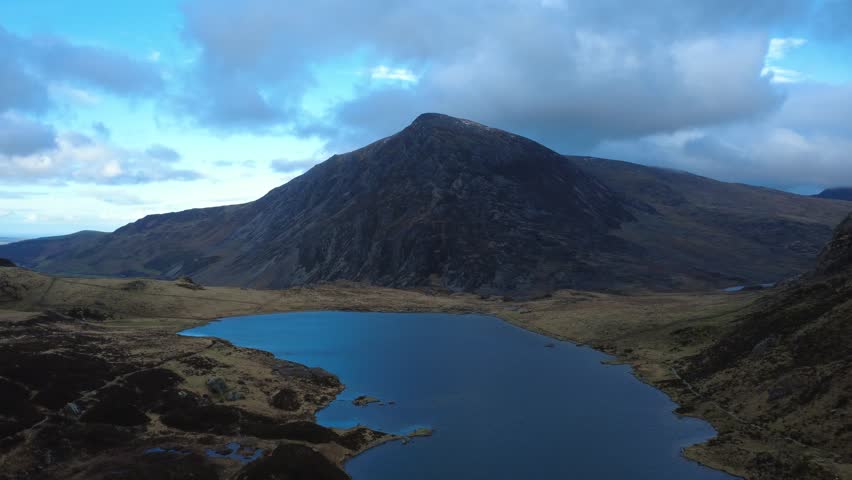 Aerial view of rugged Welsh mountain landscape and lakes, UK countryside