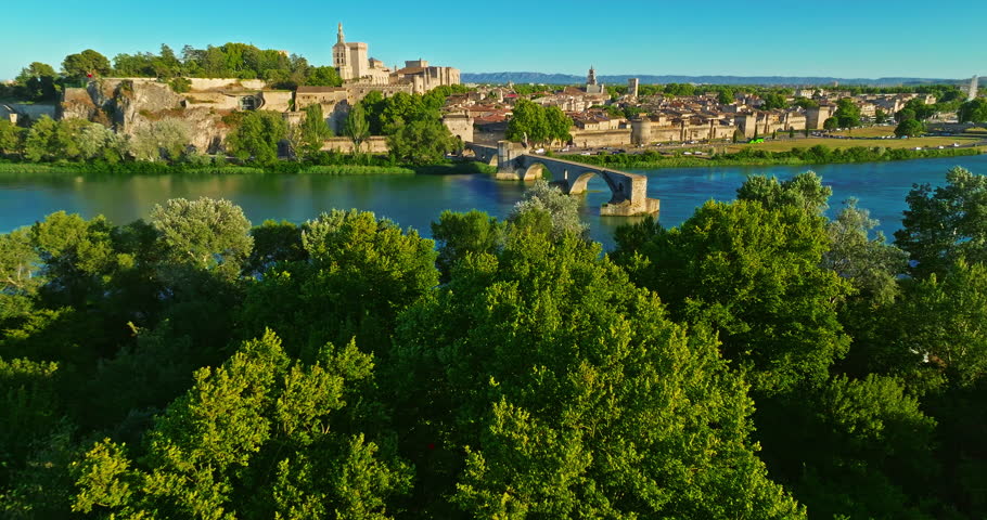 Aerial view of french town of Avignon on Rhone river in Provence with medieval architecture in the south of France. Bridge Avignon and Palace