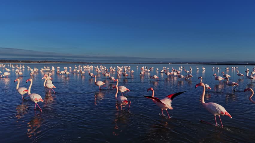 Flamingos gather in shallow water, standing and wading as they search for food. The sun shines brightly over the scene, creating a calm atmosphere.