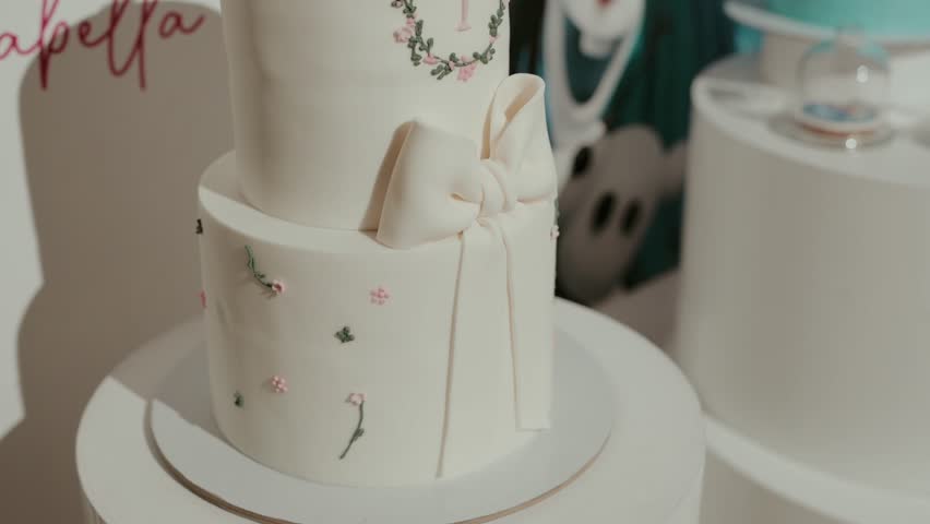 Close up of white decorated tiered cake with bow on indoor dessert table