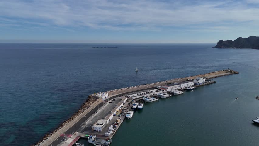 Aerial drone footage showing a coastal harbor with fishing boats and yachts moored along the breakwater, calm blue sea and distant coastline under clear sky.