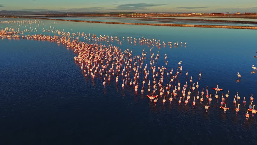 Flamingos stand in a large group in shallow water during sunset. The sky reflects colorful light as they feed and interact with each other.