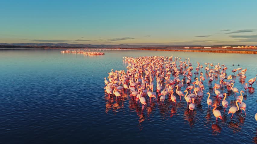A large group of flamingos stands in shallow water as the sun sets, reflecting shades of pink and orange above them. The scene shows a natural gathering in the wild.