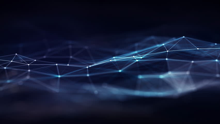 Futuristic Digital Landscape Featuring Blue Neural Network Lines.  Abstract Background Represents Cloud Computing, Fiber Optic Data Flow, Big Data, Analytics And Advanced AI Connectivity.