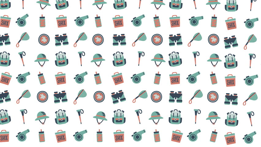 This 10-second video features a seamless loop of various hiking-related icons such as backpacks, hats, cameras, and water bottles in a repeating pattern. The icons are colored in shades of green and o