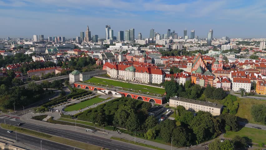 Aerial view of the Royal Castle in Warsaw and the city panorama in the morning in summer
