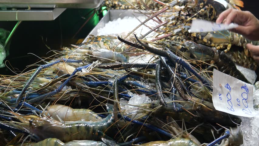Fresh lobsters on the stall for cooking