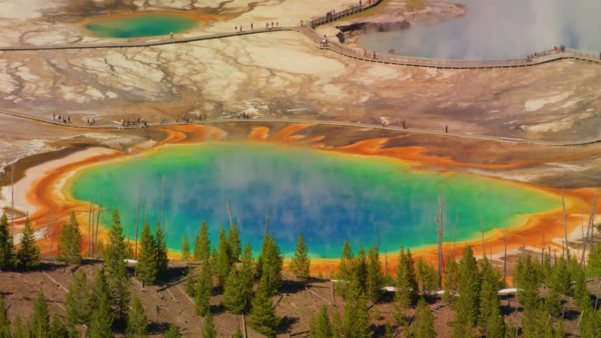 Aerial View of Colorful Geothermal Hot Spring Grand Prismatic Style Thermal Pool Yellowstone National Park