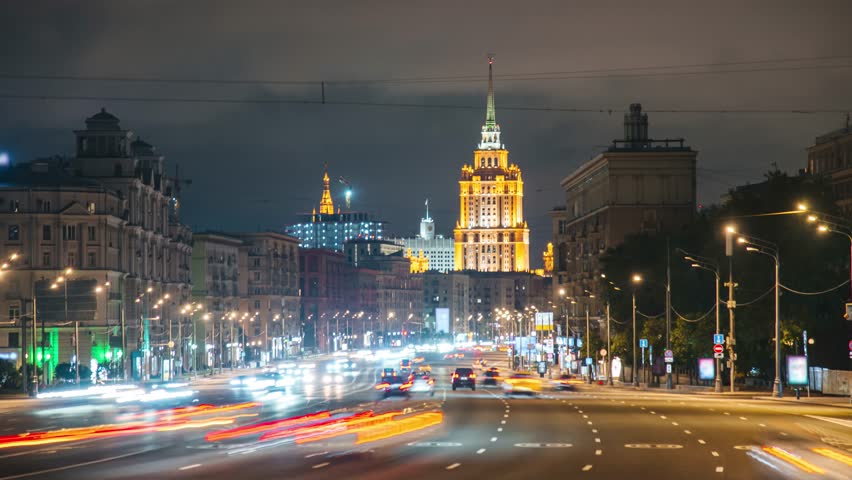 Timelapse of night traffic on Kutuzovsky Prospekt, Hotel Ukraine in Moscow