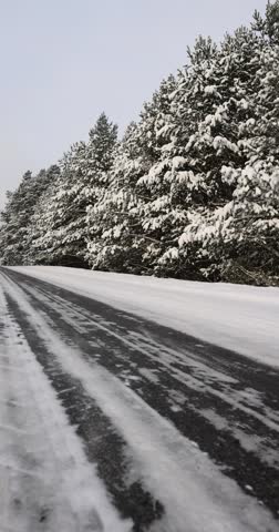 paved road through a winter forest in the snow , a narrow track covered with snow from cars in the forest in the winter, trees grow on the side of the road in the snow in a forest