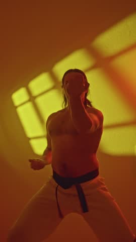 Speedy Karate Routine. Swift Series Of Strikes With Intense Confrontation Captured On Camera. Rapid Demonstration Of Boxing Punches With Energetic Expressions And Bright Lighting Conditions Filmed