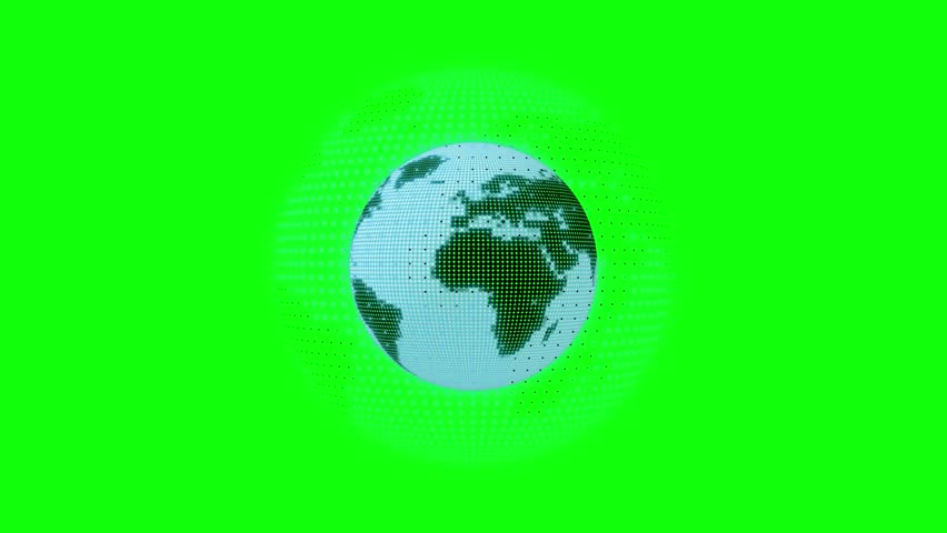 Futuristic digital animation of planet earth spinning. Stylized dot matrix globe rotating on a chroma key background for easy keying