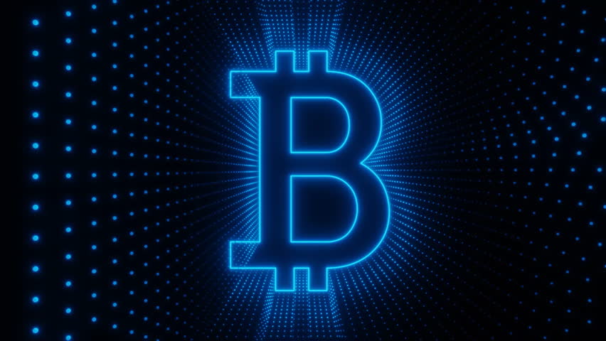 A glowing blue Bitcoin symbol is displayed against a dark digital background filled with dots, creating a futuristic and tech-inspired atmosphere.