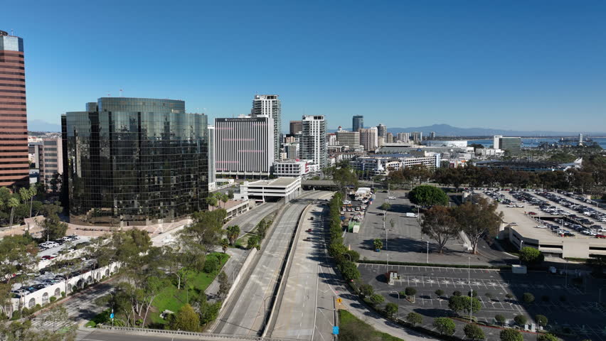 Downtown Long Beach, CA - Aerial View of Beachfront City at Shoreline Drive Towards the Pike Outlets Skyline Showing Commercial Buildings