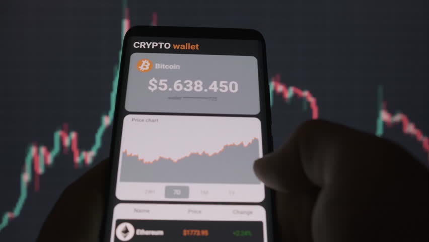 A close-up of a hand holding a smartphone showing a cryptocurrency wallet interface with ZCash and Ethereum prices. The background features a fluctuating price chart.