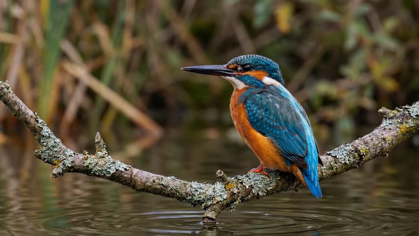 Common Kingfisher perched on a mossy branch over a river.