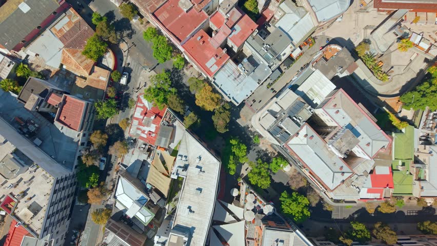 Aerial tops down Narrow City Streets in Lastarria Neighborhood, Santiago, Chile Downtown