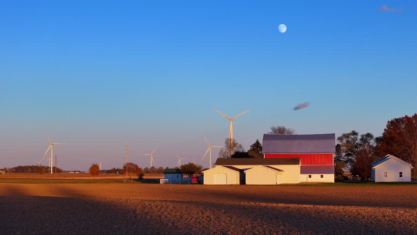 Wind turbines and afarm buildings demonstrating clean energy in rural Michigan with moonlight