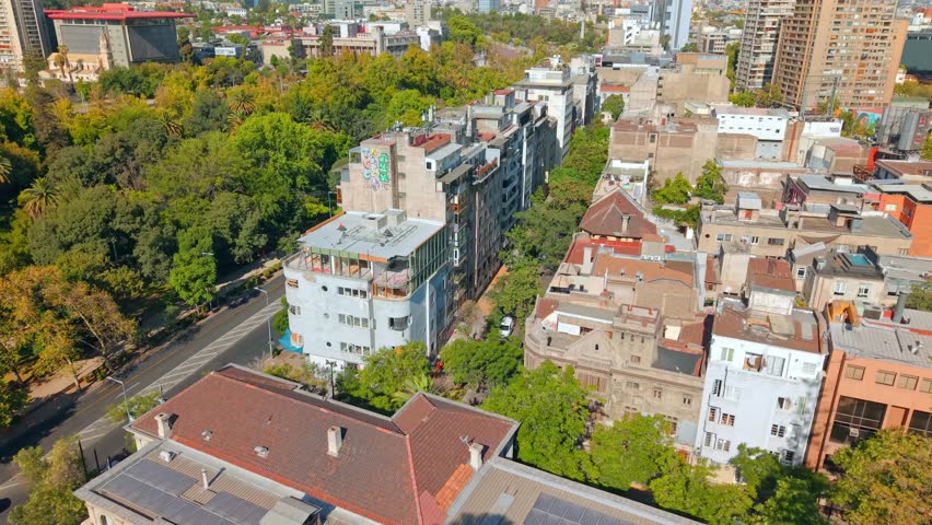 Aerial Scene with Traffic in Lastarria Neighborhood, Santiago, Chile establishing