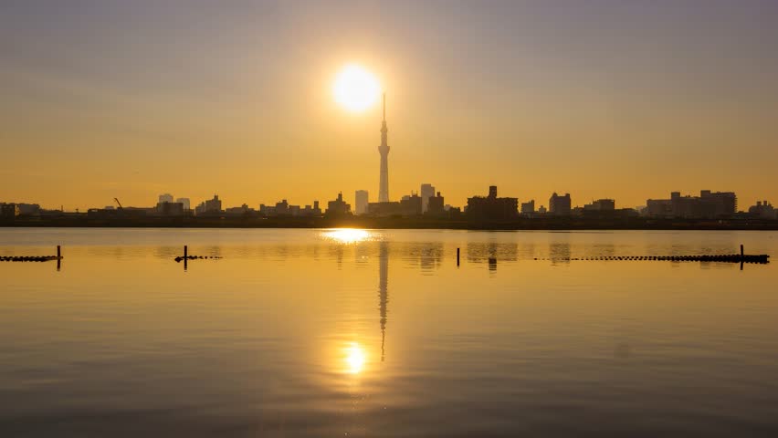 
Sunset and Tokyo Skytree - Drone Photograph Image - Arakawa River