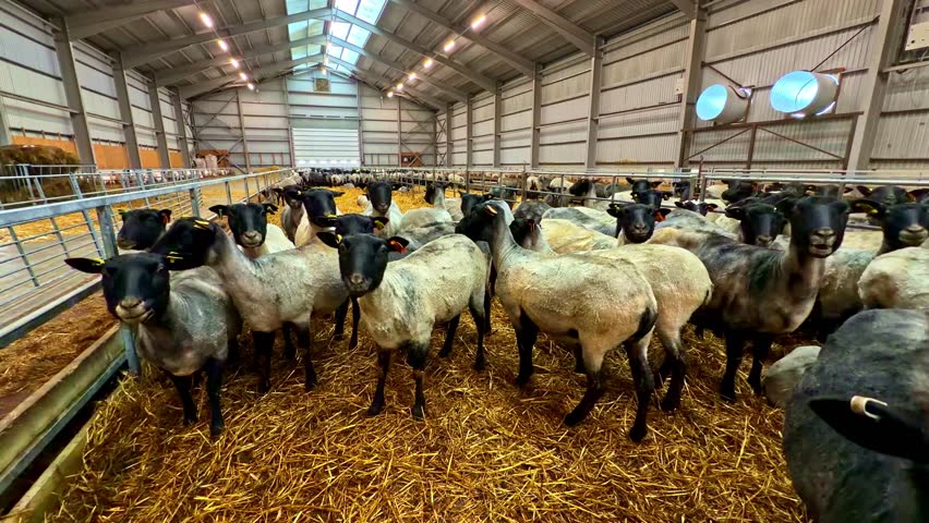 Sheep in barn, standing on straw, calm mood, modern farm interior
