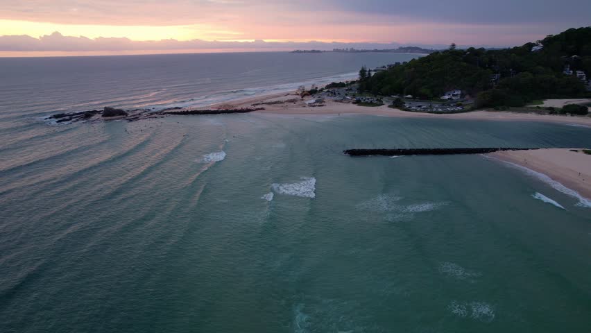Palm Beach, Currumbin Rock, Currumbin Beach In Queensland, Australia At Sunrise - Aerial Drone Shot