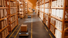 Futuristic smart warehouse interior with flying delivery drones and ground robots managing inventory packages - future logistics technology- 3D rendering - Powered by Shutterstock - Get 15% off with code: PIKWIZARD15