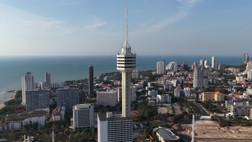 Aerial view of pattaya city tower and coastline