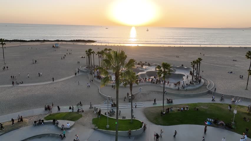 Venice Beach California Skate Park with Beach Sunset Aerial
