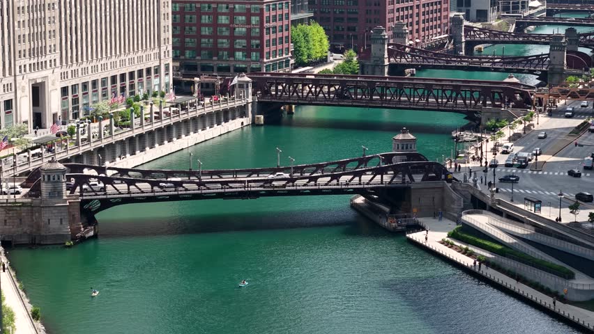 Chicago USA, Drone Shot of Bridges Over River, Traffic and Buildings on Sunny Day