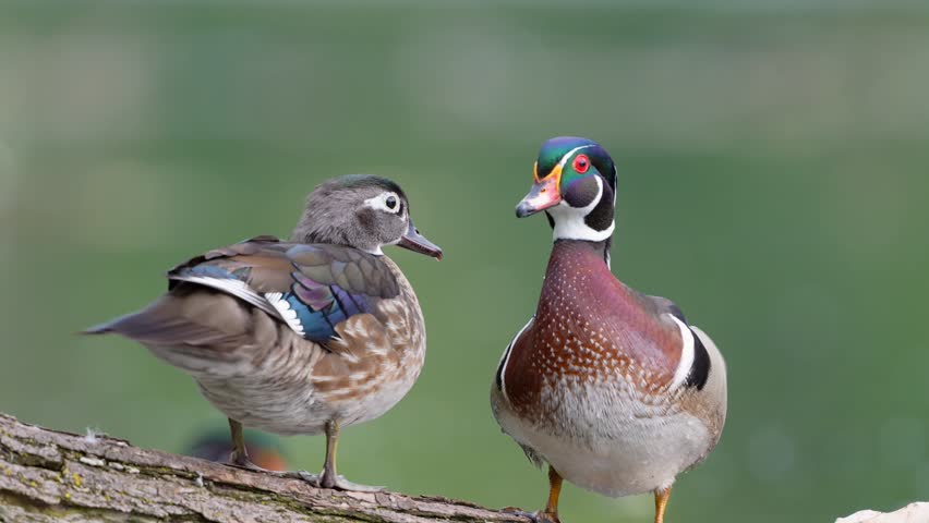 Male and Female Wood Duck Aix Sponsa Perching on a Branch Together. Pair of Colorful Carolina Ducks in Nature. Beautiful Waterfowl Interaction in Wildlife.