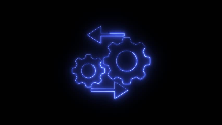 Blue Neon Glowing Gears and Arrows Animation Representing Data Processing and Workflow Synchronization Loop