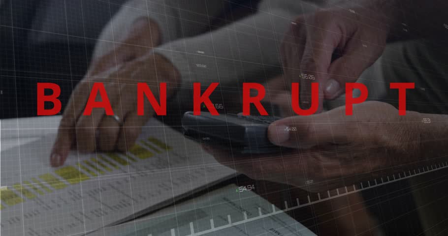 Senior hands pointing yellow rows, starting calc input reconciling finances under BANKRUPT overlay. Retirees, finance, accounting, calculator, ledger, teamwork, workspace