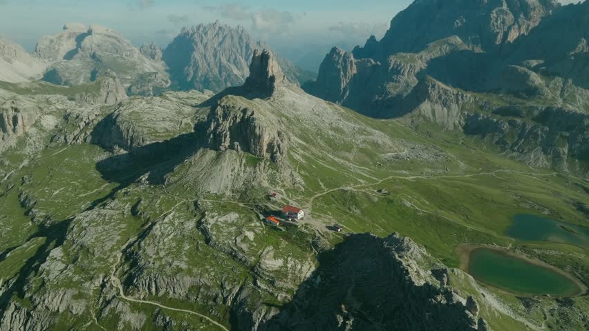 Scenic aerial of the Dolomites with Rifugio Locatelli, Italy