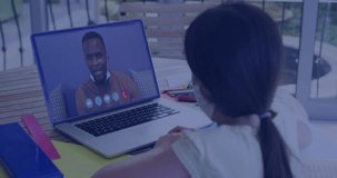 Man speaking on call and child watching, holographic UI projecting over laptop enhancing education. Learning, tutoring, mentoring, overlay, collaboration, outdoor, porch - Powered by Shutterstock - Get 15% off with code: PIKWIZARD15