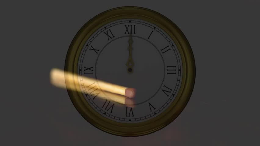Clock overlay still, matches moving inward, sparks igniting, flame spreading right, showing time. Timepiece, ignition, ember, smoke, reflection, brass, roman