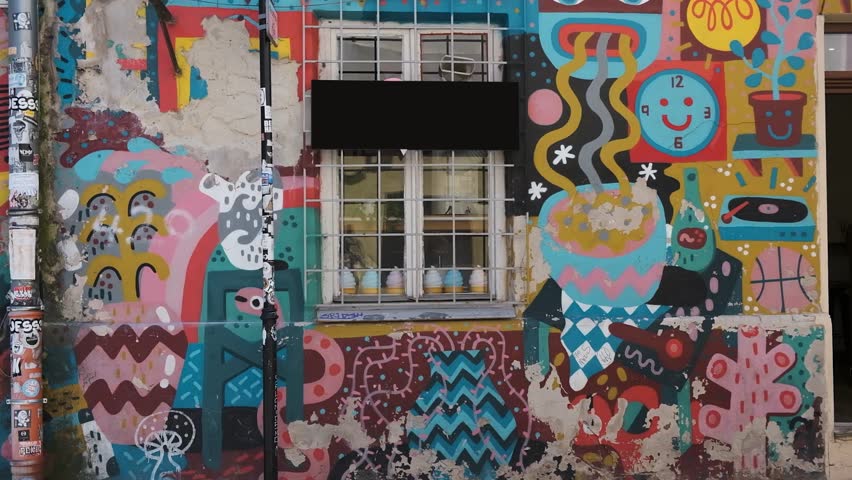 Bright colorful graffiti mural covering a building wall with window and playful cartoon style shapes.