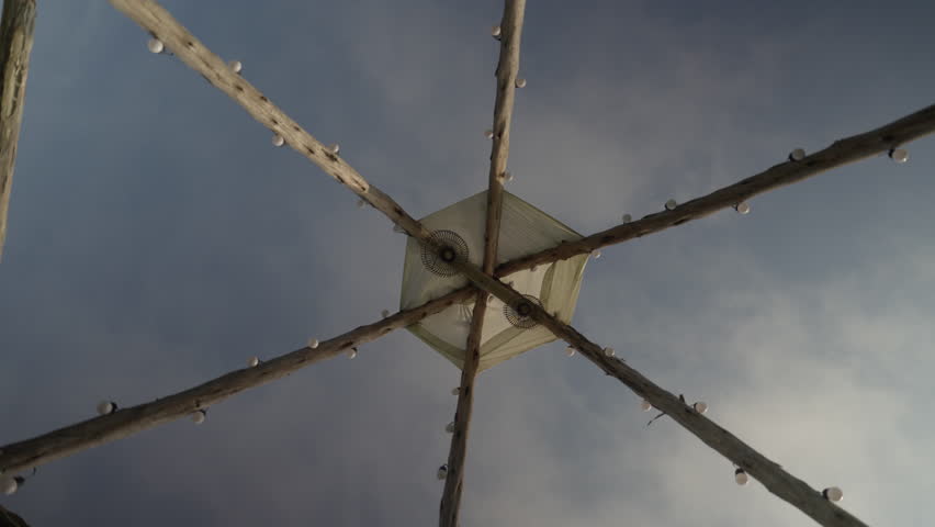 Low angle view of a wooden tipi structure with fairy lights against a clear blue sky in daytime.