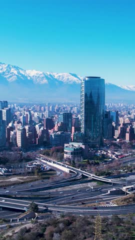 Aerial landscape of Santiago Chile near Andes Mountains. Touristic landmark. City life scenery Santiago Chile. Travel destinations. Vacations travel. Cityscape of Santiago Chile.