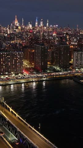 Night Scape Of Manhattan Bridge At Brooklyn In New York United States. City At Night Scene. Illuminated Bridge Landscape. Manhattan Bridge At New York United States. Highrise Buildings.