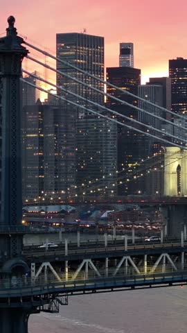 Manhattan Bridge At Manhattan In New York United States. Illuminated Downtown. Sunset City Landscape. Manhattan Bridge At New York United States. Brooklyn Bridge.