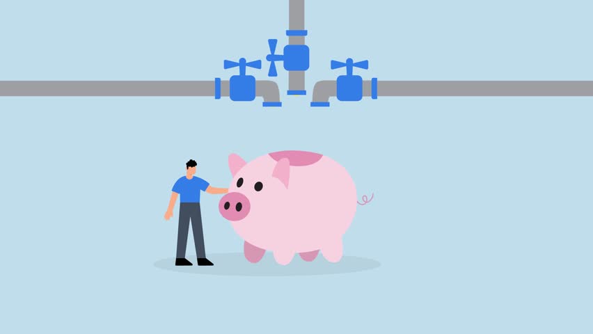 Multiple streams of income, 4k animation of rich businessman stands from pipe with many cash flows to rich piggy bank.