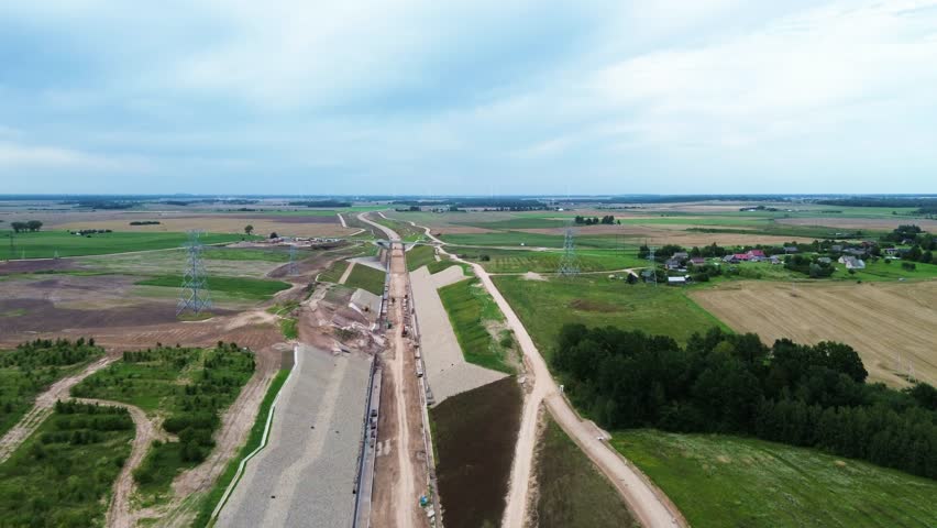 Endless railway line in flatlands of Europe, Rail Baltica project, aerial view
