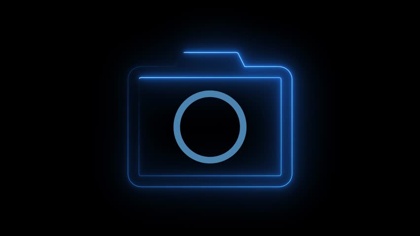 Glowing neon line camera icon animation. Neon blue photo camera, camera shutter icon isolated on black background. 4k video