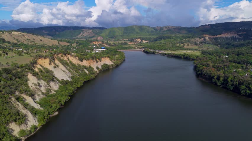 The López Angostura Counter Reservoir In The Dominican Republic. Aerial Drone Shot