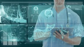 Digital interface with medical data processing against male health worker using digital tablet. medical research and technology concept - Powered by Shutterstock - Get 15% off with code: PIKWIZARD15
